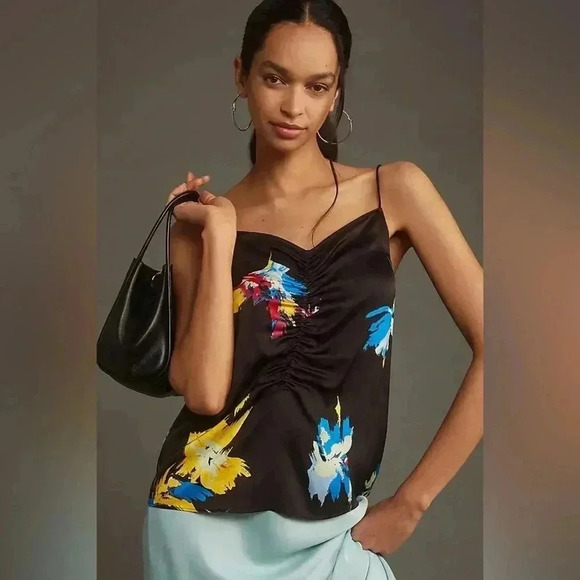 NWT new Anthropologie equipment Lexi ruched cami black medium sleeveless top - Picture 1 of 17